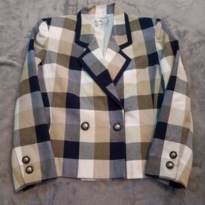 Vintage Ms Cambridge Blazer Womens Sz 4 Navy Blue Sage Green‎ Plaid Preppy